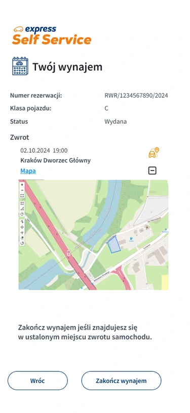 Zwrot pojazdu — mapa punktu zwrotu i potwierdzenie zakończenia wynajmu